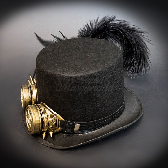Steampunk Top Hat Costume Goggle Mask Feathers - Picture 3 of 4